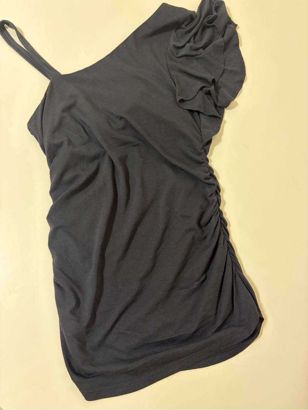 Women’s Black One-Shoulder Ruffle Tank with Side Ruching